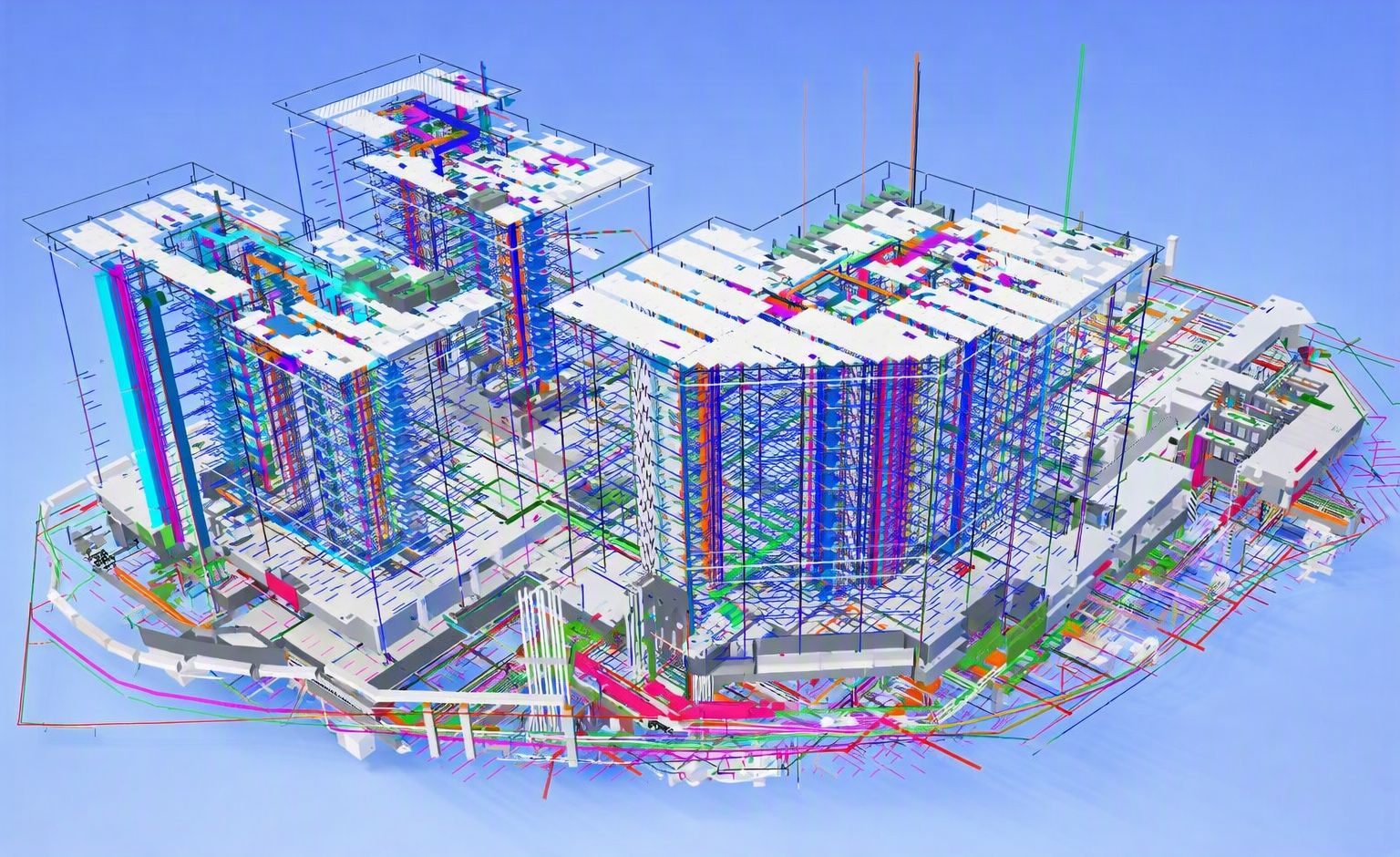AEON's BIM model with the building services shown in colour through every floor of the towers
