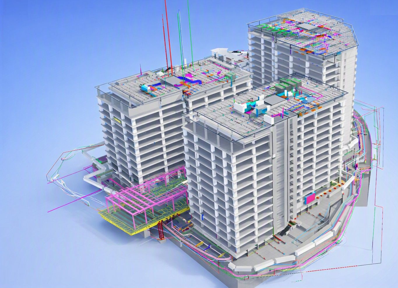 AEON's BIM model of three towers on a podium, with building services in colour on the roofs and around the site