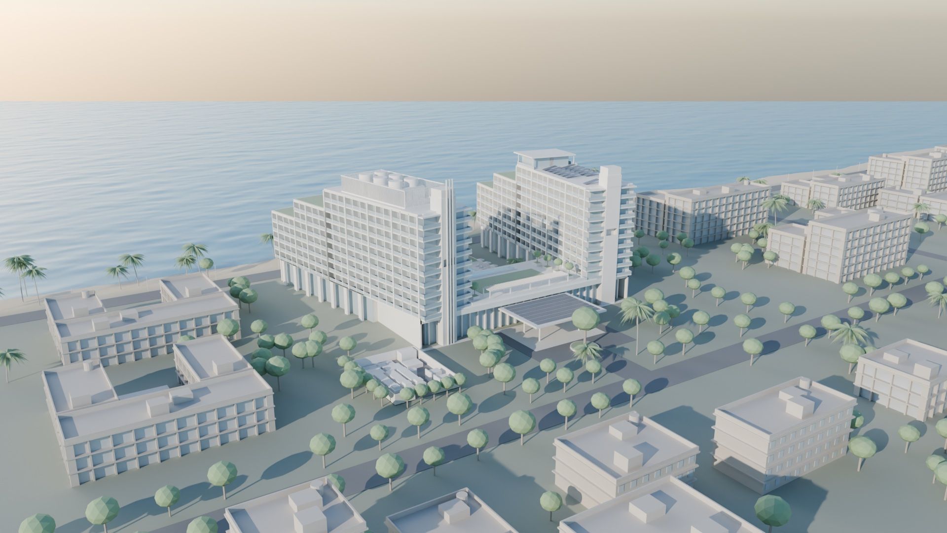 An illustrative resort hotel as a white architectural model in its town by the sea: two wings of rooms stepping down around a pool court, plant on one roof and a bar on the other